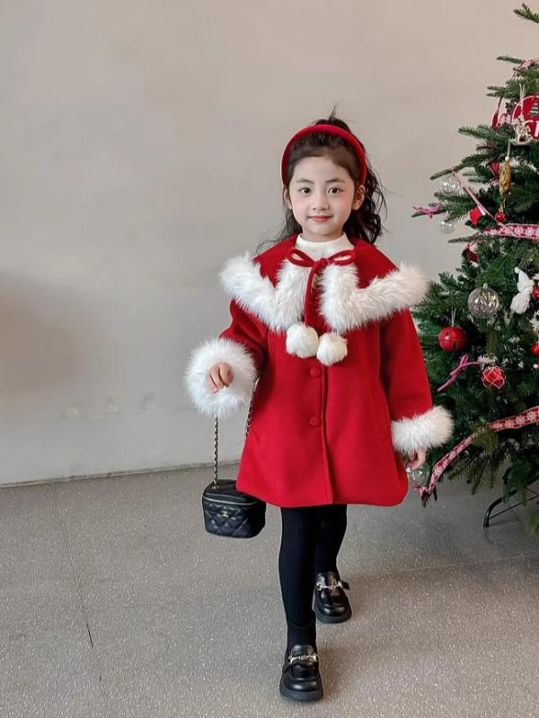アウター 女の子 キッズ コート ジャケット 裏起毛 厚手 防寒 暖かい 秋冬 韓国子供服 メルトン調 ウールライク ラウンドネック ミドル丈 レッド