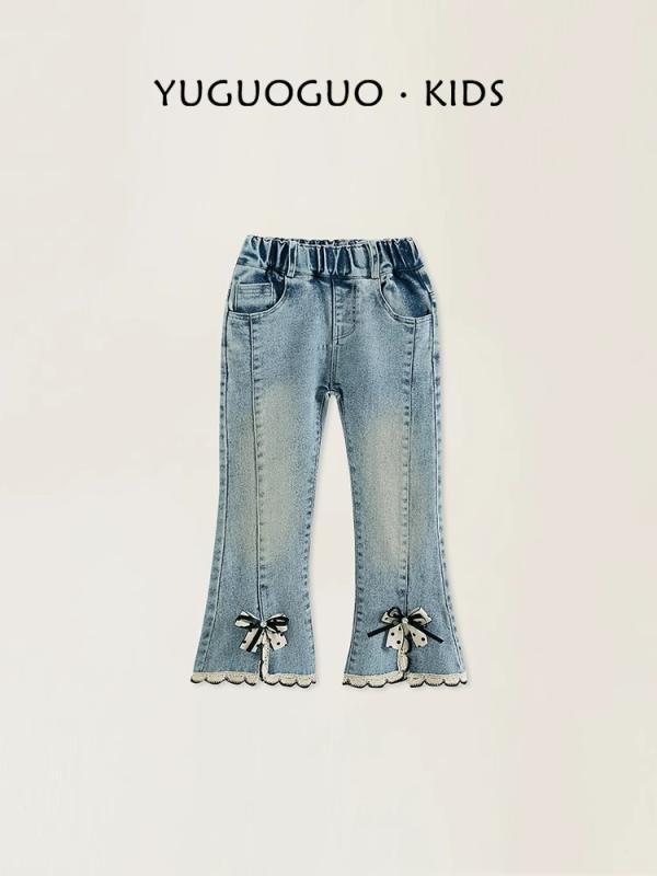 デニムパンツ 女の子 キッズ 子供 春秋 フレアパンツ リボン付き ソフトタッチ ウエストゴム 韓国風 おしゃれ かわいい カジュアル 綿混 ブルー