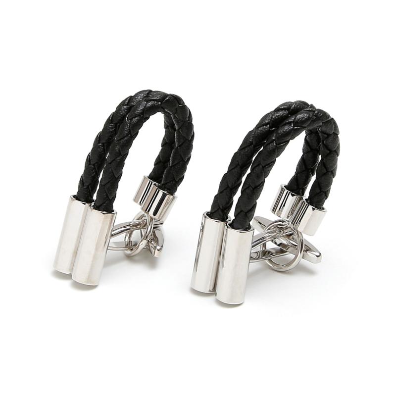 カフスボタン メンズ ビジネス オフィス 通勤用 シンプル フレンチスタイル 編み込み レザーコード 電気メッキ加工 黒 幾何学デザイン