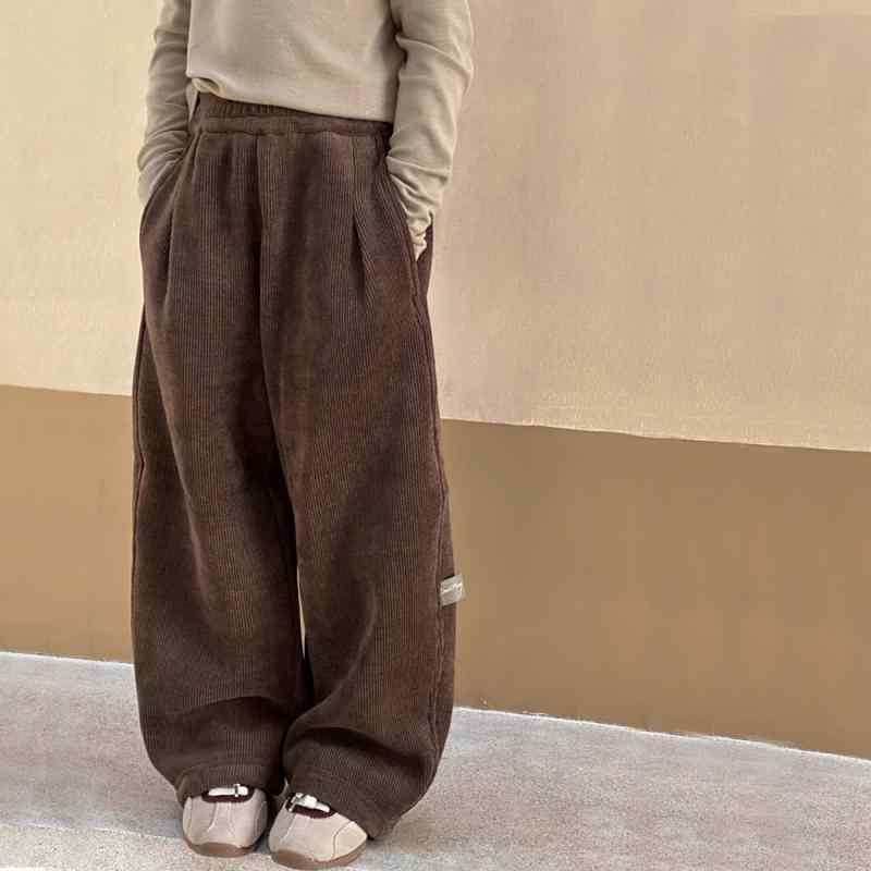 パンツ 女の子 小学生 子供服 ジュニア 裏起毛 暖か ウエストゴム コーデュロイ ストレートシルエット カジュアル リラックス 秋冬 普段着 通学 ミドルウエスト 無地 ロングパンツ ダークブラウン