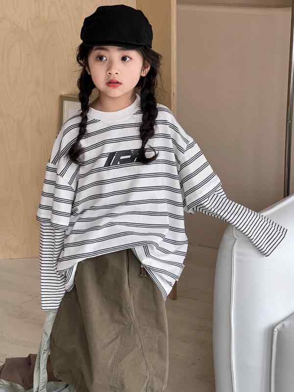 スウェット キッズ 女の子 ジュニア ボーダー柄 フェイクレイヤード 長袖 丸首 春秋 コットン 柔らかい肌触り カジュアル おしゃれ ストリート系 切り替えデザイン トップス