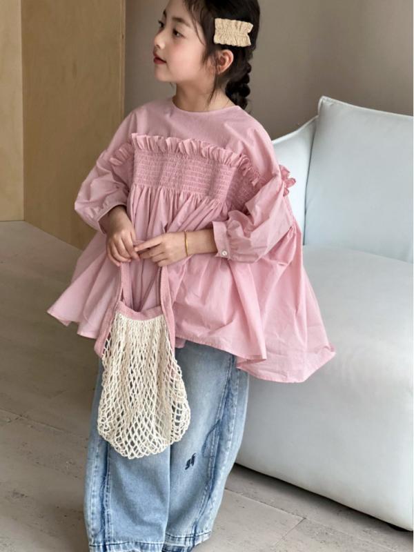 シャツ キッズ 女の子 ガールズ 秋服 秋物 トップス ブラウス ドールブラウス チュニック 七分袖 ゆっ..