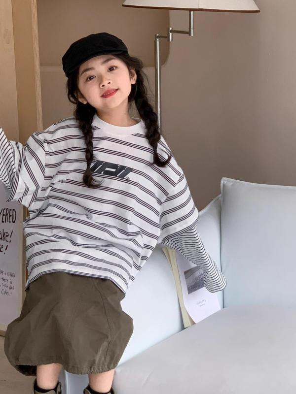 トレーナー 女の子 キッズ ストライプ フェイクレイヤード 重ね着風 長袖 プルオーバー かわいい おし..