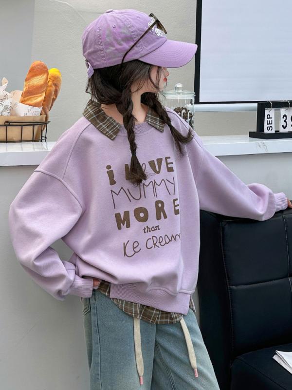 キッズ 女の子 ジュニア セットアップ 韓国風 チェック柄襟 フェイクレイヤード プルオーバー 長袖 ト..