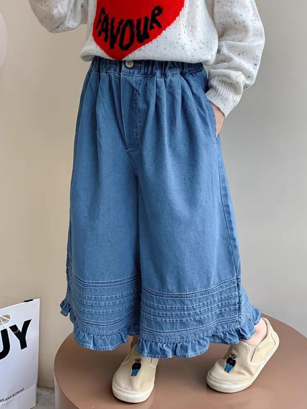 デニムパンツ 女の子 キッズ ガールズ 秋服 韓国風 おしゃれ ハイウエスト ワイドパンツ 柔らか ソフト..