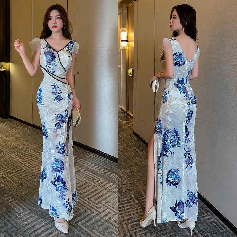 チャイナドレス レディース 改良型 深Vネック シースルー スリット入り セクシー ベロア ストレッチ ス..