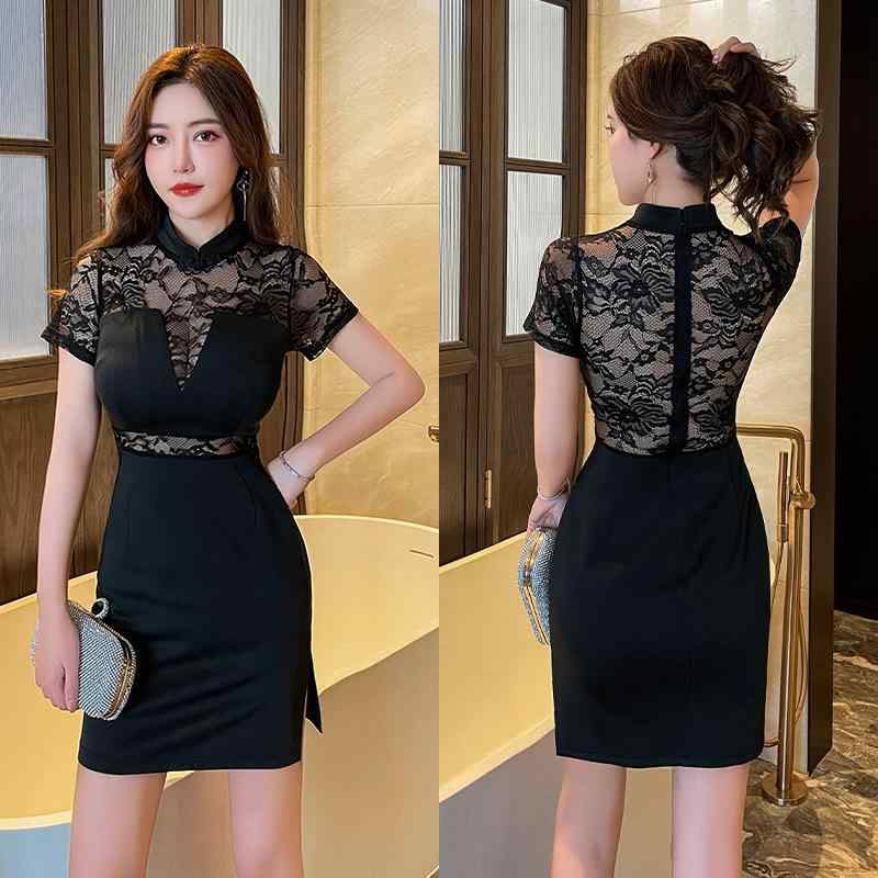 ワンピース レディース セクシー レース切り替え ミニ丈 スタイルアップ タイト 改良チャイナドレス 高..