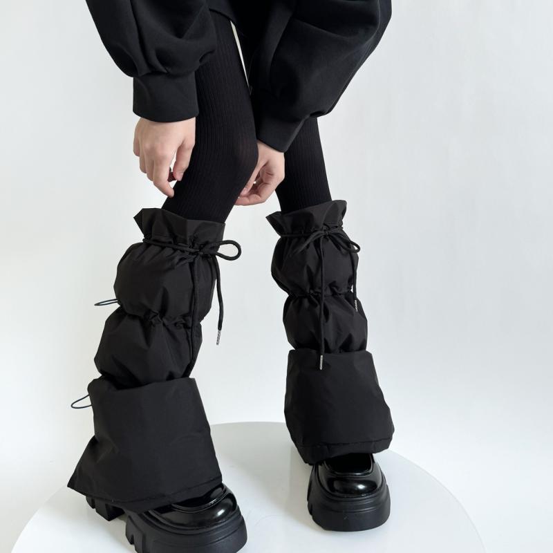 レッグウォーマー レディース 防風 防寒 保温 滑り止め ドローストリング ダウン 厚手 ミドル丈 個性的 ナイロン グレー ブラック 秋冬 ブーツカバー