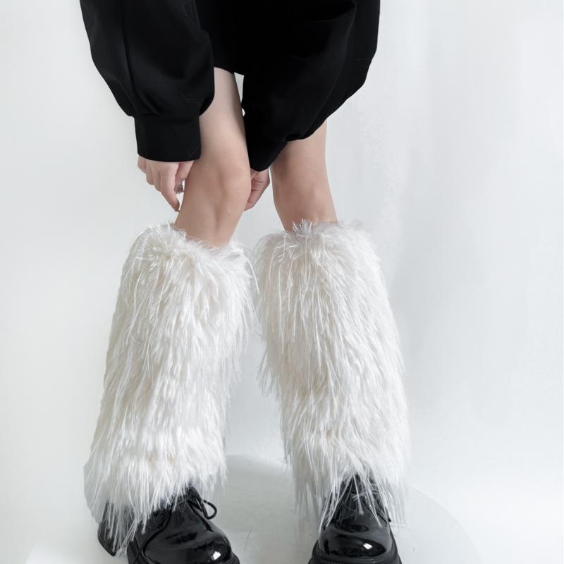 レッグウォーマー レディース 秋冬 春 原宿風 y2k ギャル サブカルチャー フェイクファー もこもこ ふくらはぎ丈 ミドル丈 ルーズソックス オフホワイト アイボリー