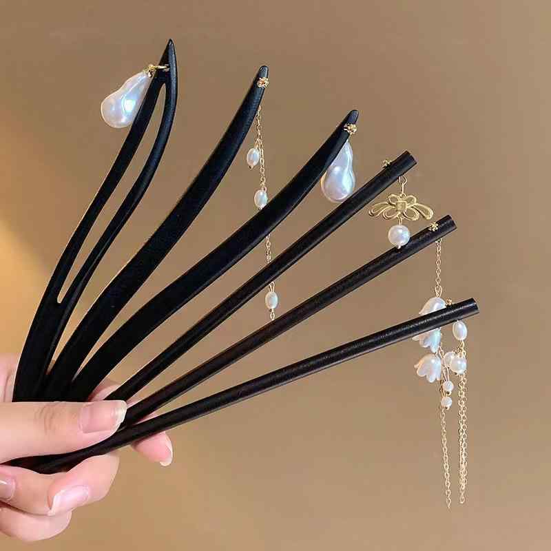 ヘアアクセサリー レディース 女性用 高級感 上品 エレガント シンプル 木製 ウッド パール パール 黒 ..