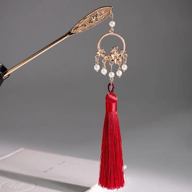 簪 レディース 揺れる タッセル フラワー レッド ネオチャイニーズ風 古典柄 ヘアアクセサリー 合金製 ..