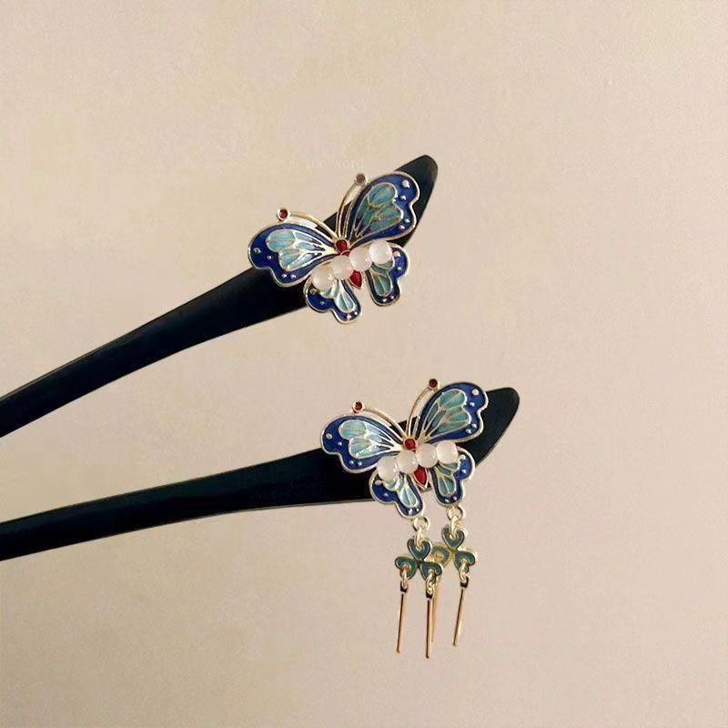 ヘアアクセサリー レディース モダン中華風 チャイナレトロ 蝶 タッセル 木製 かんざし 髪飾り 高級感 ..