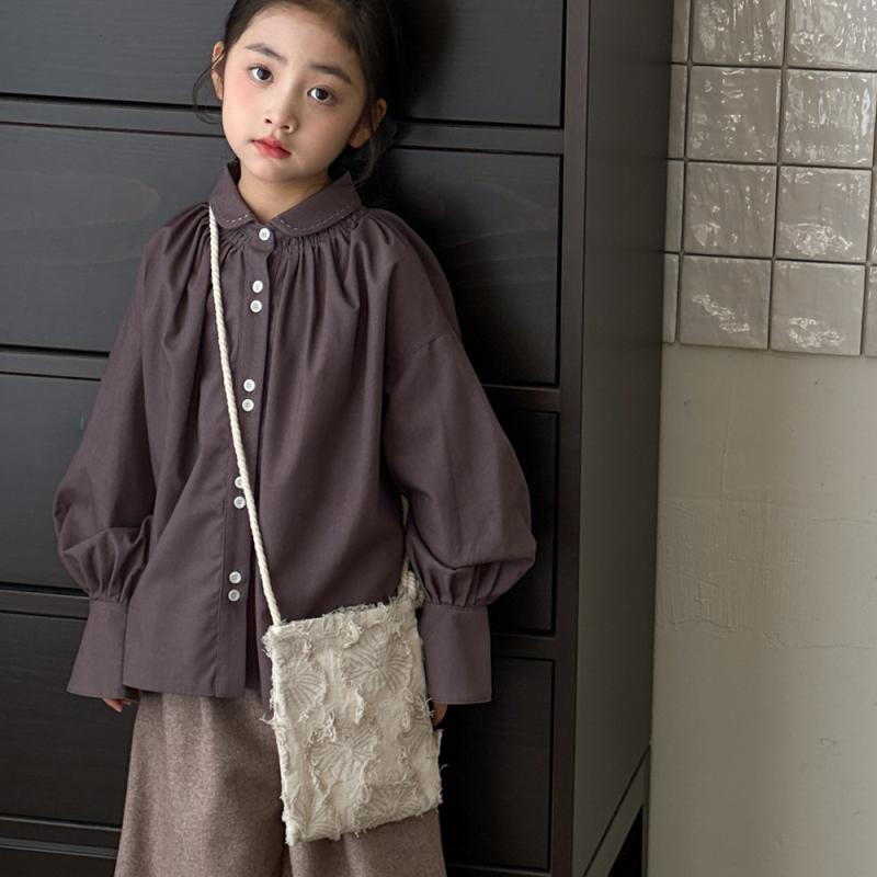 シャツ 女の子 キッズ 襟付き 長袖 ゆったり 無地 ナチュラル 森ガール風 おしゃれ かわいい プリンセ..