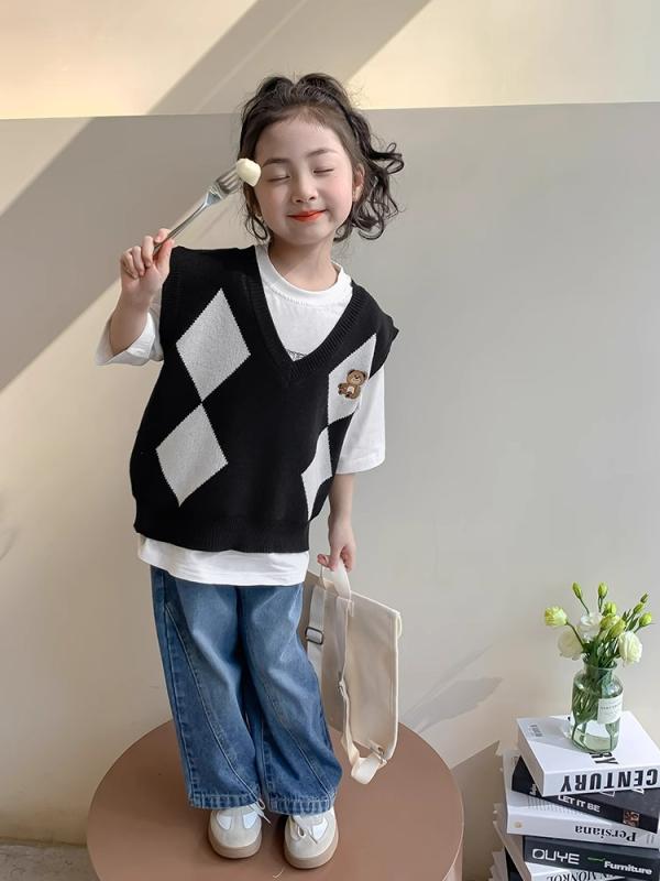 キッズ ガールズ 春秋 セットアップ 柔らかな肌触り ジルコニア柄 ニット ベスト ノースリーブ Tシャツ..