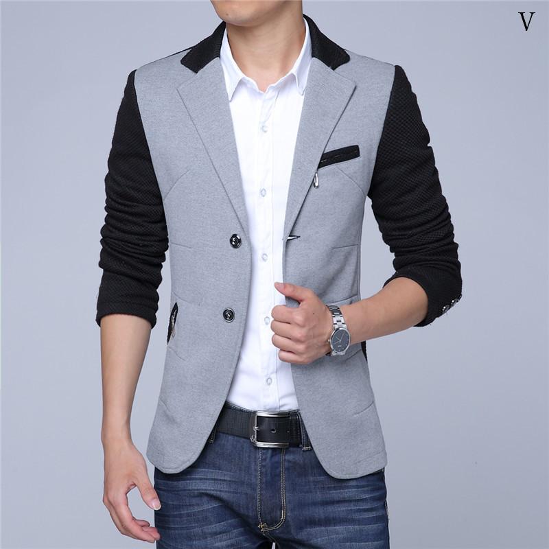 テーラードジャケット メンズ スリムフィット 韓国風 カジュアル 切り替えデザイン 2つボタン 綿混素材 長袖 春秋 グレー ブレザー 男性用アウター