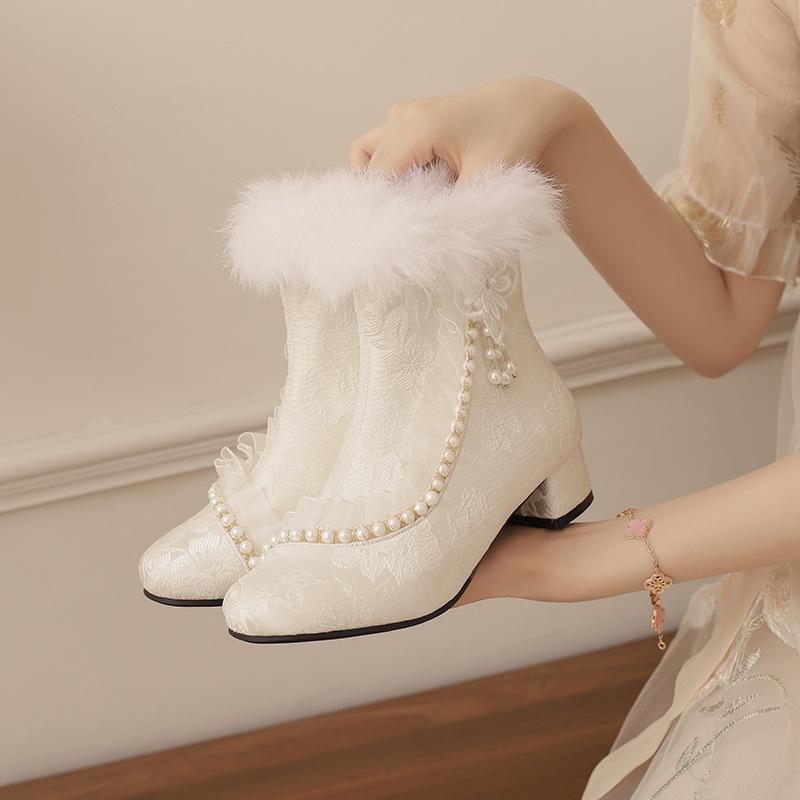 ショートブーツ レディース メリージェーン 太ヒール ローヒール フリル ビーズ飾り 学生 スクール 親子コーデ PUレザー きれいめ 上品 エレガント 秋冬