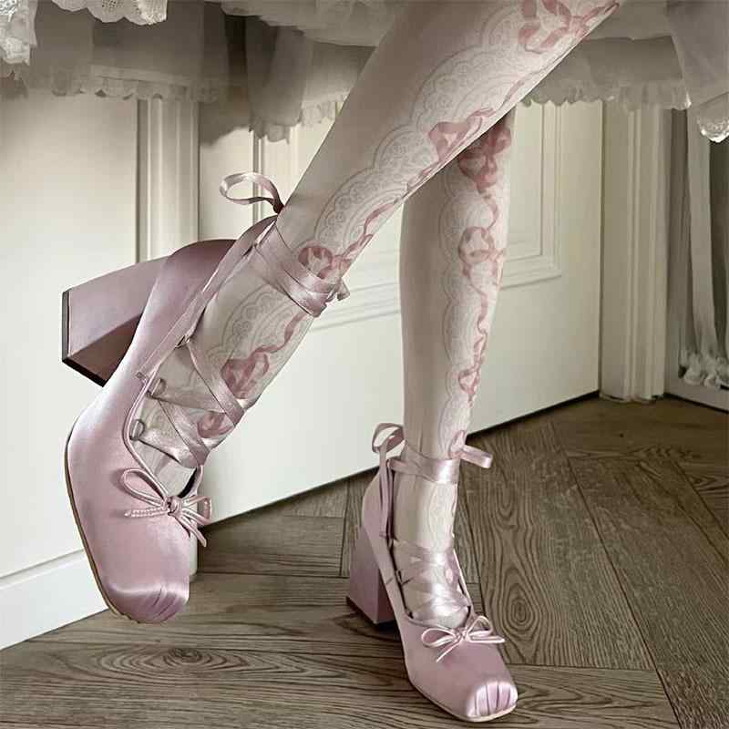 メリージェーン パンプス レディース バレエシューズ風 サテンリボン 蝶結び クロスストラップ アンク..