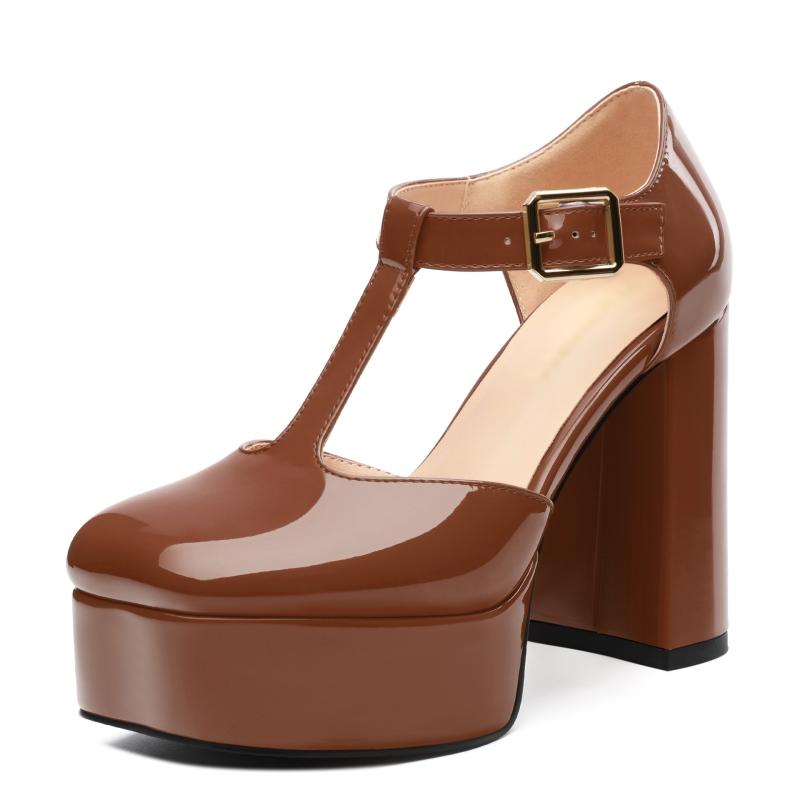 パンプス レディース スクエアトゥ ストーム Tストラップ ベルトバックル サイドオープン 太ヒール 8cm超高ヒール 欧米風 通勤 オフィス フォーマル パーティ 結婚式 大きいサイズ ビッグサイズ マイクロファイバー ゴム底 オールシーズン