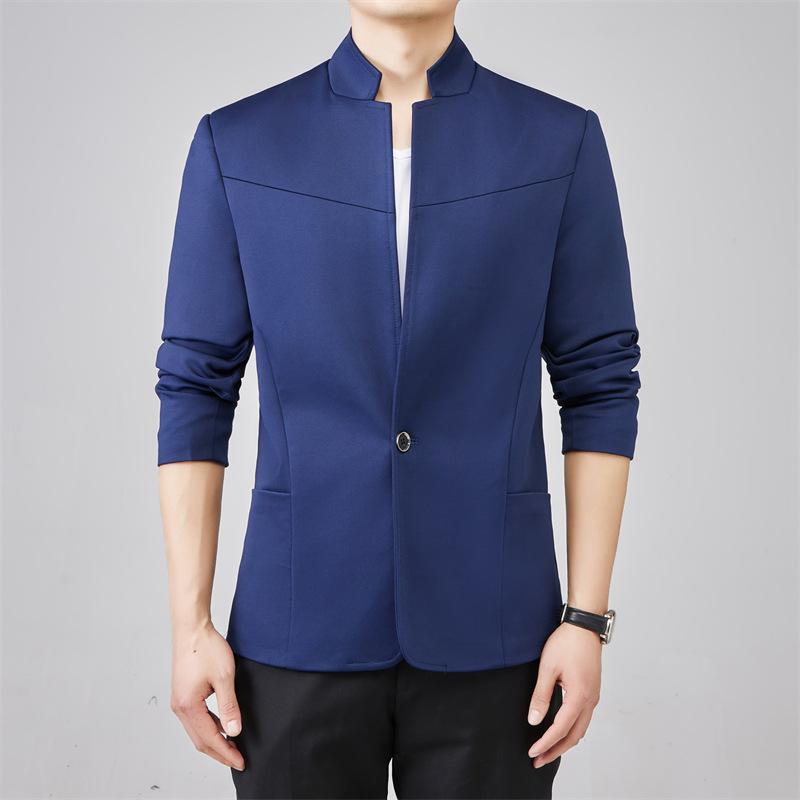 ジャケット メンズ ウォッシャブル スリムフィット スタンドカラー 立ち襟 一つボタン 綿混 無地 春秋 韓流 ビジネス カジュアル 通勤 スタイリッシュ ブレザー
