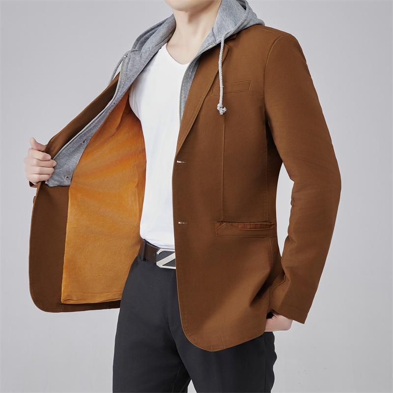 ジャケット メンズ 取り外し可能フード付き 裏起毛 厚手 カジュアル 韓国ファッション ビッグサイズ 秋冬 ウォッシャブル コットン 無地 防寒 ブレザー ブラック カーキ コーヒーブラウン