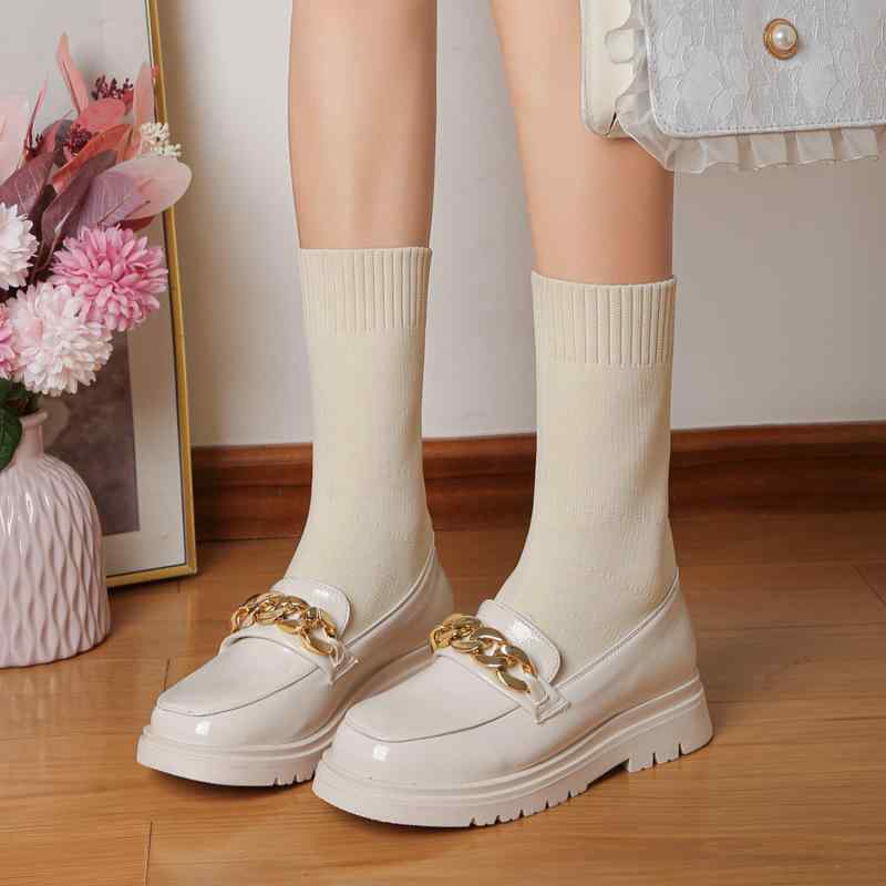 ニットショートブーツ レディース メタルチェーン 親子お揃い フェイクレザー 秋冬 欧米風 韓国風 学院風 ファッション アイボリー ブラック