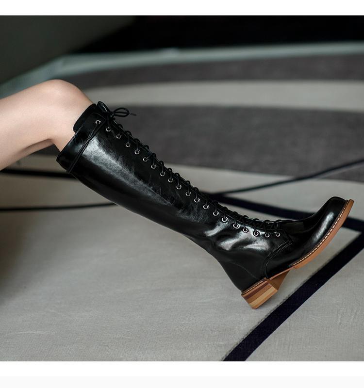 ブーツ レディース 滑り止め 保温 耐摩耗性 本革 牛革 ローヒール 編み上げ サイドジップ ラウンドトゥ チャンキーヒール ライディングブーツ 欧米風 韓国スタイル 秋冬