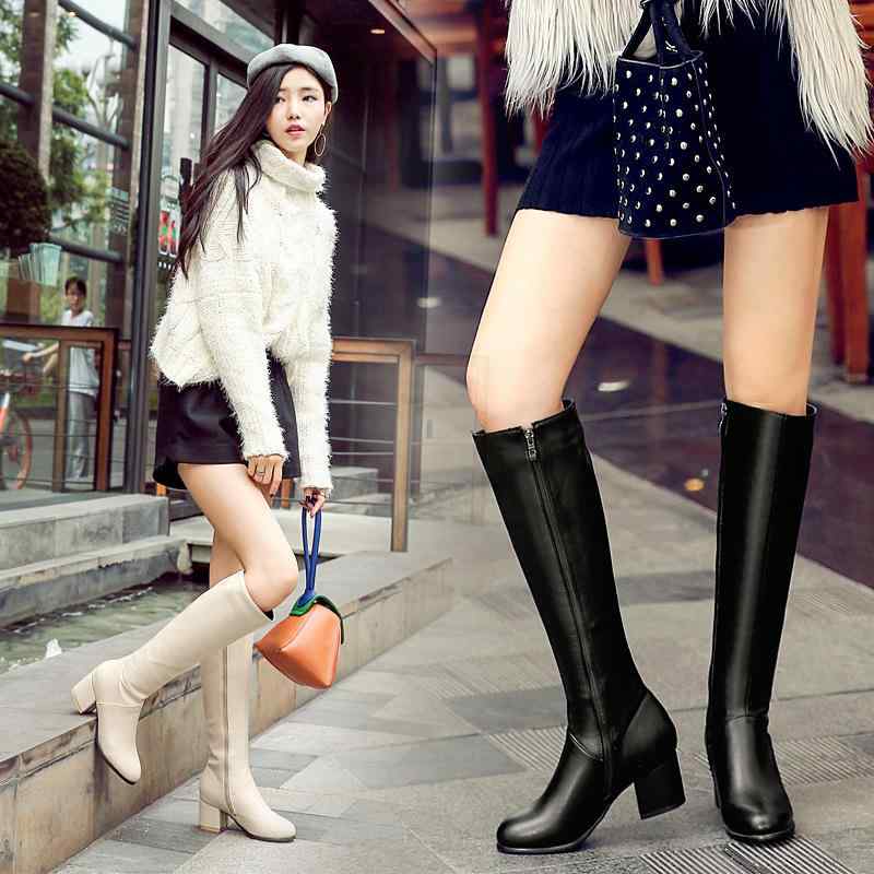ロングブーツ レディース 秋冬 裏起毛 滑りにくい フェイクレザー ミドルヒール 太ヒール サイドジップ シンプル ラウンドトゥ 大きいサイズ 小さいサイズ 通勤 デイリー お洒落 黒 アイボリー