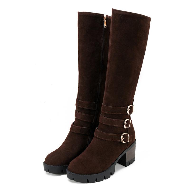 ブーツ レディース きれいめ 通勤 オフィス ロングブーツ 高ヒール サイドジップ スエード調 レザー切り替え チャンキーヒール ラウンドトゥ フェイクファーインソール コットン裏地 大きいサイズ 小さいサイズ対応 秋冬 ブラック 黒