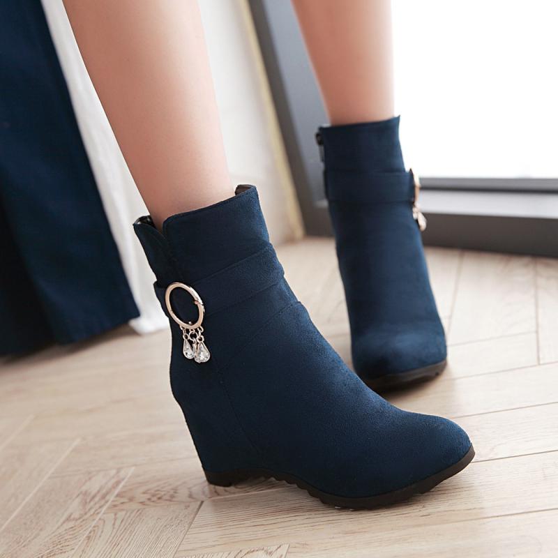 ブーツ レディース 秋冬 インヒール 裏ボア 防滑 保温 スエード スクールテイスト ラウンドトゥ サイドジップ ショートブーツ ラインストーン 小さいサイズ 大きいサイズ