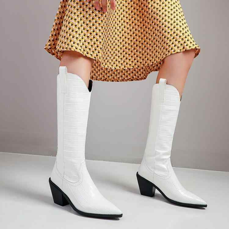 ブーツ レディース 女性用 秋冬 太ヒール チャンキーヒール ハイヒール ポインテッドトゥ 型押しPUレザー ロングブーツ ウェスタンブーツ 騎士ブーツ 合皮 美脚効果 歩きやすい 大人カジュアル おしゃれ
