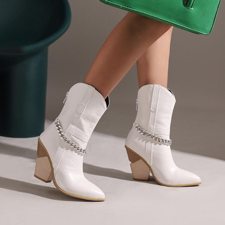 ショートブーツ レディース 秋冬 セクシー メタルチェーン 超高ヒール ポインテッドトゥ 合成皮革 ライダーブーツ ブーティ 通勤 カジュアル 黒 白
