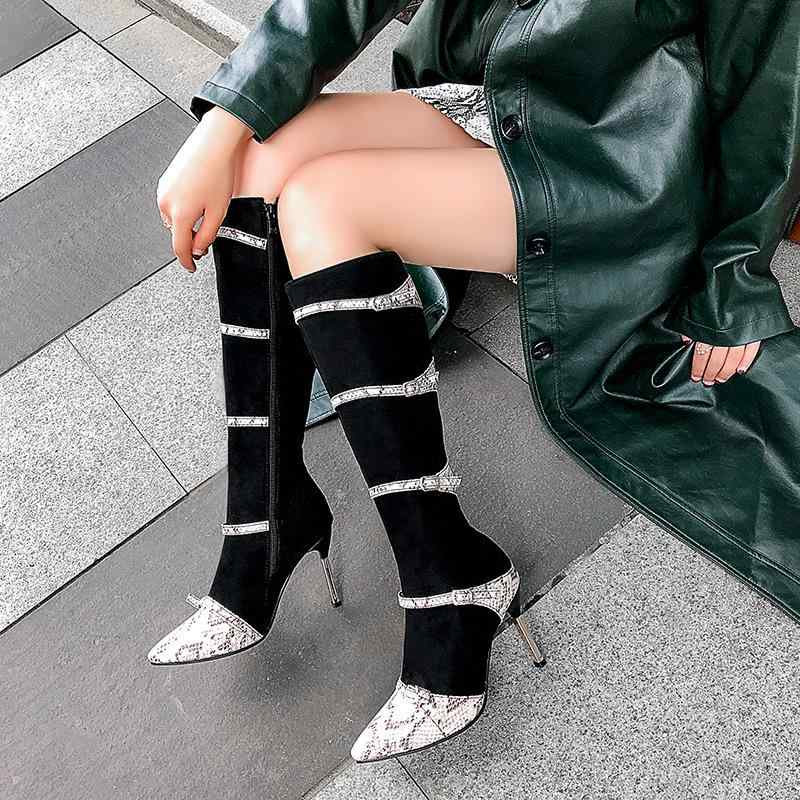 ロングブーツ レディース 秋冬 欧米風 脚長効果 保温 超高細ヒール サイドジップ ポインテッドトゥ ヘビ柄 切り替え ベルトバックル PUレザー 裏ボア 黒色 グレー