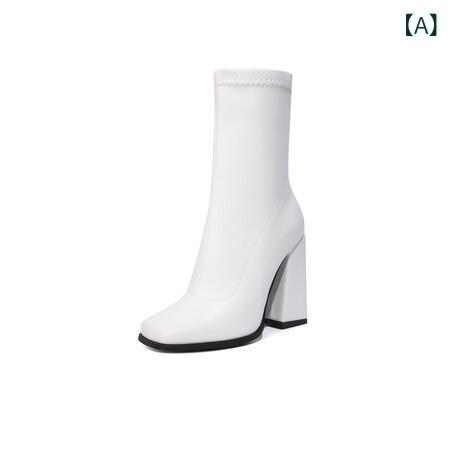 ショートブーツ レディース 秋冬 ストレッチ 超繊維 レトロ 太ヒール ハイヒール サイドジップ 通勤 オフィス カジュアル 白 黒 万能デザイン