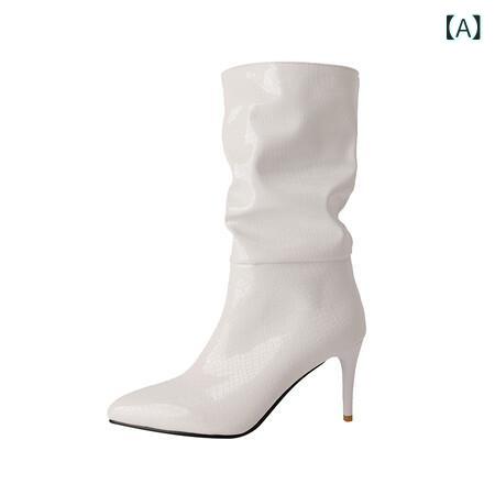 ブーツ レディース 秋冬 大きいサイズ ジョッキーブーツ ポインテッドトゥ スネーク柄 細ヒール ミドル丈 PUレザー 欧米風 ステッチデザイン 白 緑 黒