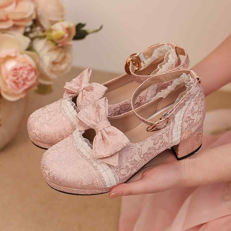 パンプス レディース メリージェーン 太ヒール ミドルヒール ラウンドトゥ ストラップ サテン生地 パール フリル 飾りボタン 刺繍 漢服 チャイナドレス パー...