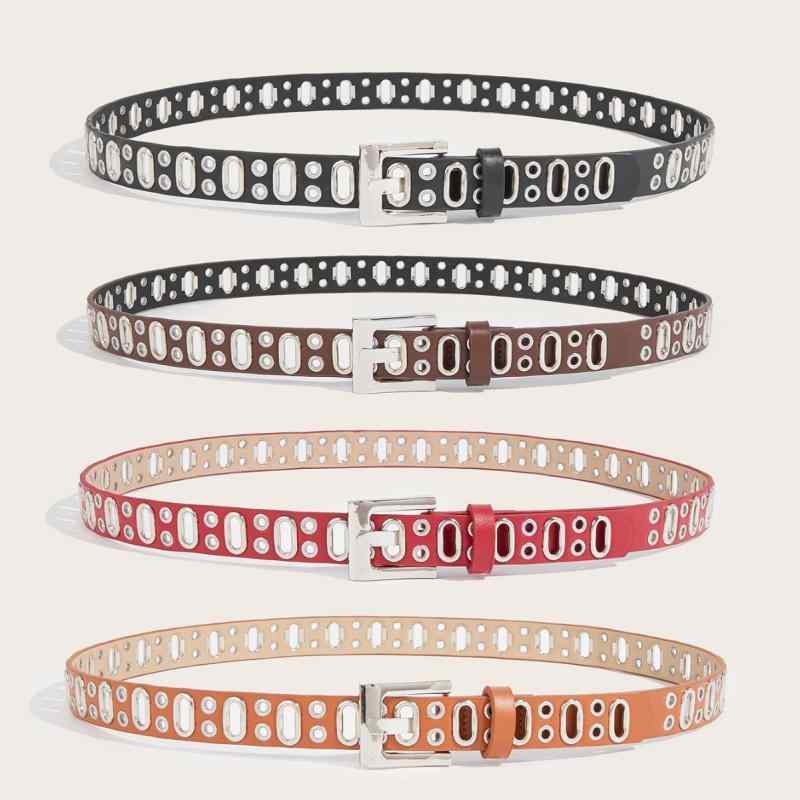 ベルト レディース ユニセックス 欧米風 パンク ヒップホップ ファッション 楕円 ハトメ アイレット ピンバックル PUレザー 細身 黒 白 赤 茶色 キャメル カジュアル 万能 電気メッキ加工