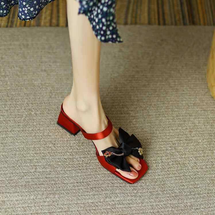 ミュール レディース リボン バイカラー 羊革インソール 太ヒール スクエアトゥ オープントゥ PUレザー..