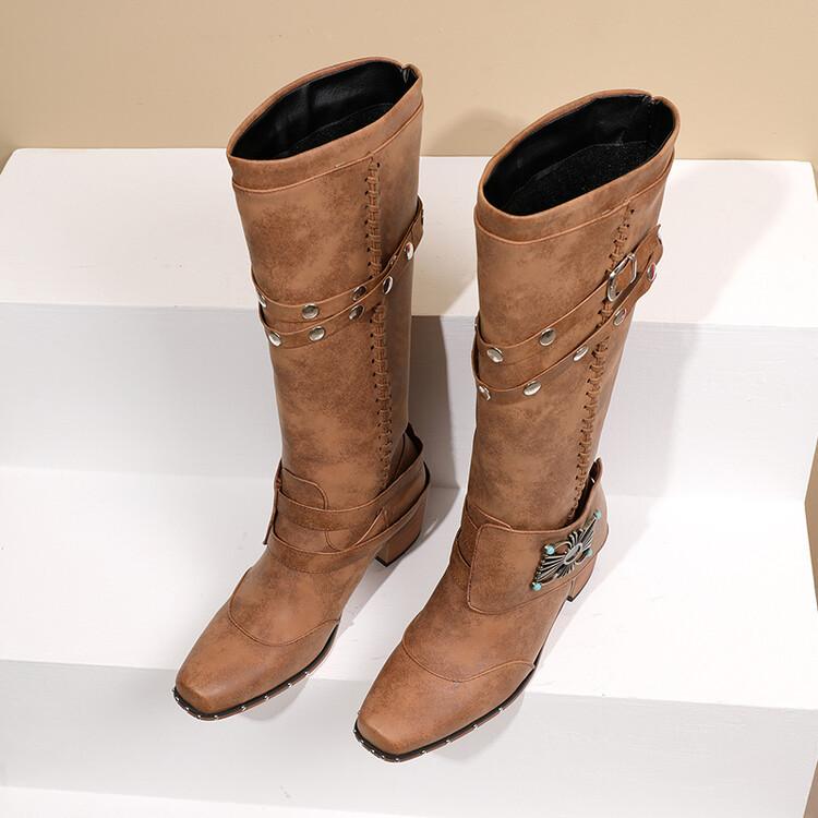 ロングブーツ レディース ライダーブーツ 秋冬 太ヒール チャンキーヒール メタルスタッズ バックル ハ..