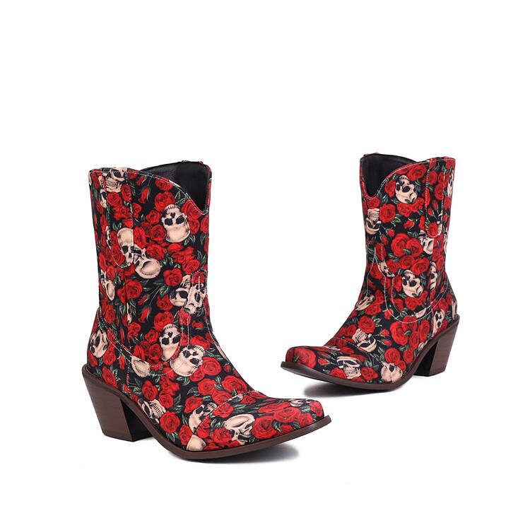 ブーツ レディース ライダーブーツ 欧米風 ミドルヒール スクエアトゥ ショート丈 アンクル丈 切り替え..