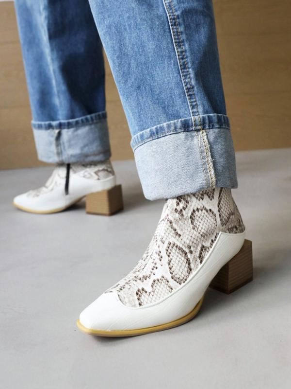 ヒールアップ 保温 ショートブーツ レディース 大きいサイズ スクエアトゥ ヘビ柄 太ヒール ハイヒール サイドジップ PUレザー レザー切り替え 欧米風 秋冬 春夏 白 黄 黒 青