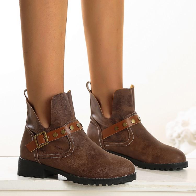 ショートブーツ レディース ライダーブーツ 太ヒール チャンキーヒール ラウンドトゥ ベルトバックル ..