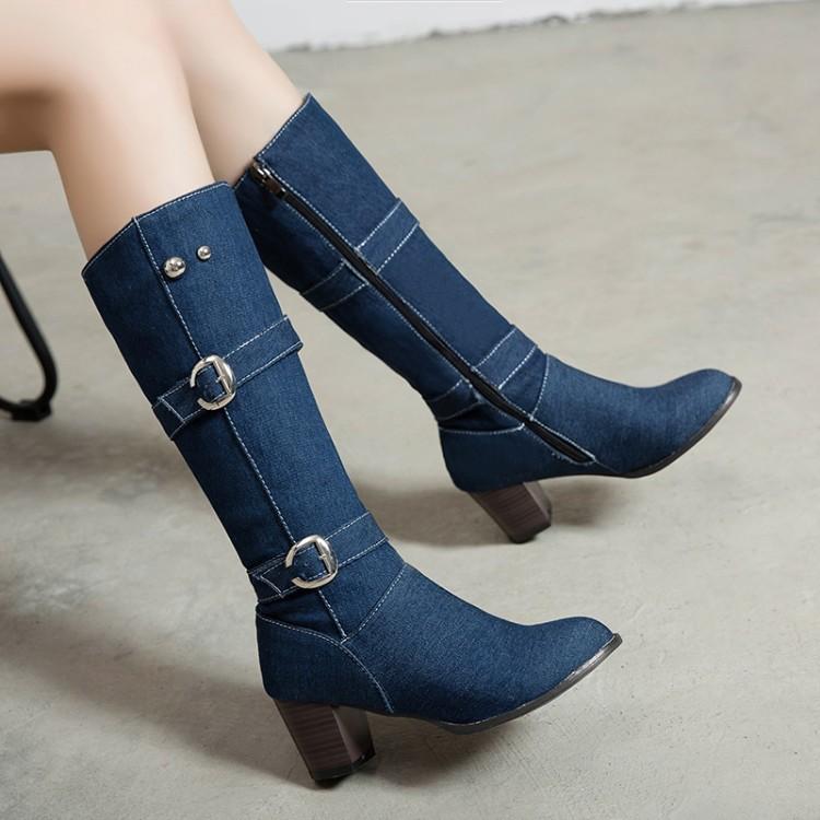 ロングブーツ レディース デニム素材 太ヒール ラウンドトゥ サイドジッパー 騎士ブーツ 歩きやすい 安定感 欧米風 おしゃれ 秋冬春 ブラック ライトブルー ダークブルー 女性用