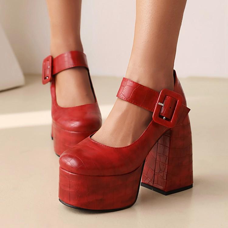 パンプス レディース 女性用 欧米風 チャンキーヒール ストーム 厚底 8cm以上 スクエアトゥ 浅口 PUレザー オフィス カジュアル 春秋 レッド ブラック...