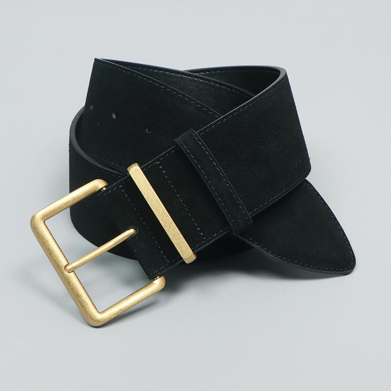 ベルト レディース 本革 牛革 二層牛革 スエード マット 極太 幅広 高級感 針バックル 合金バックル ス..