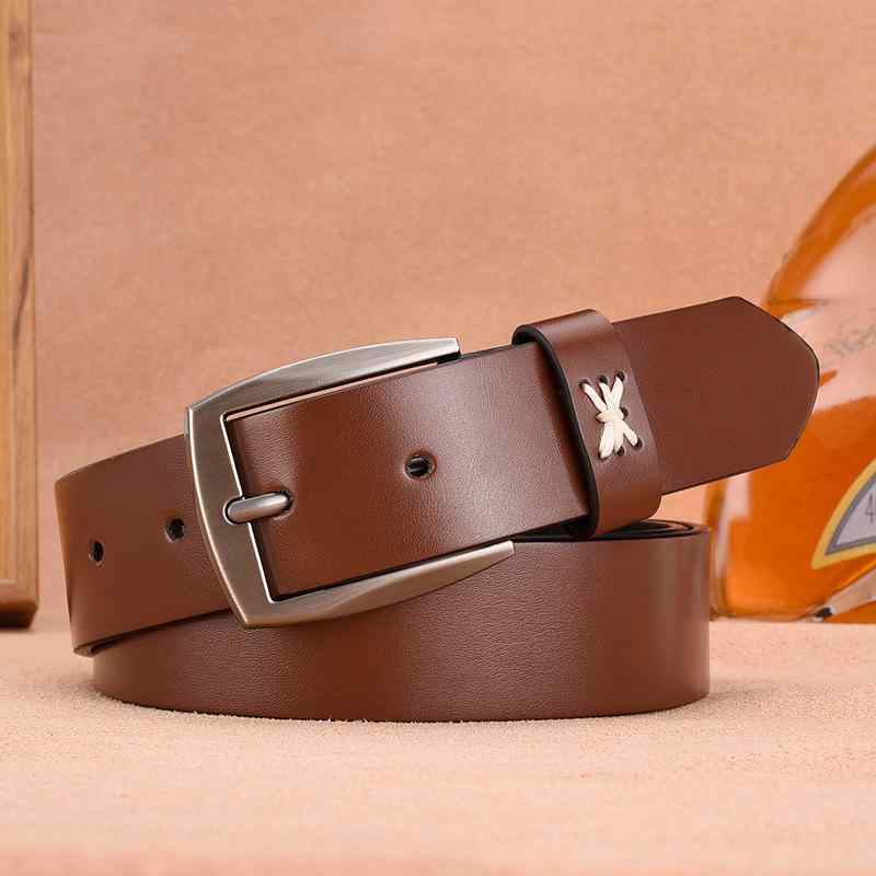 ベルト メンズ 本革 牛革 レザー 頑丈 ピンバックル 電気メッキ加工 ビジネス カジュアル 通勤用 デニム ジーンズ ブラウン 標準幅 長尺対応 レトロ ヴィンテージ オールシーズン