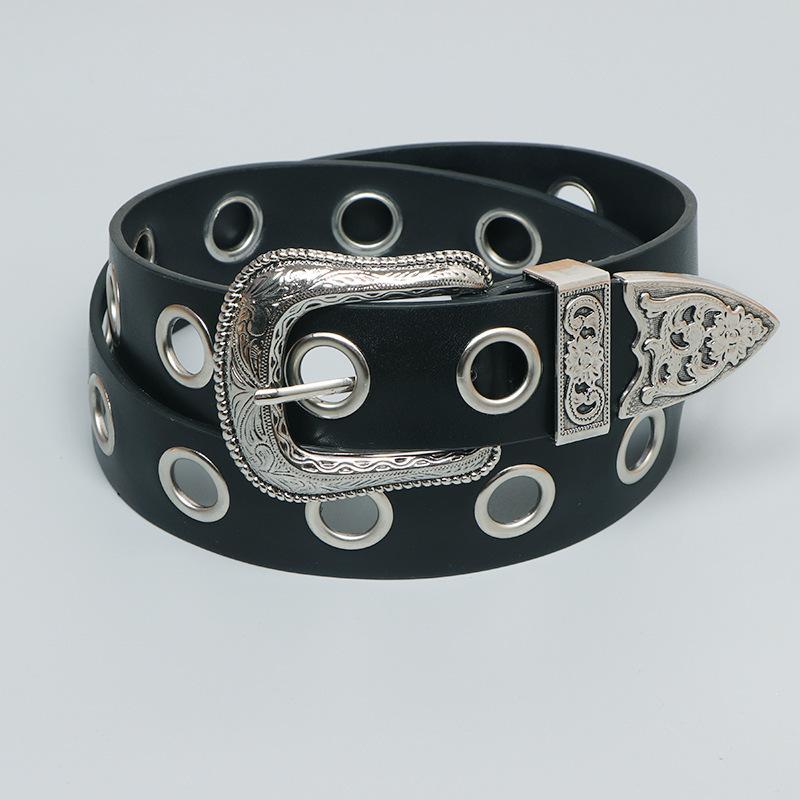 ベルト ユニセックス 穴なし ハトメ レトロ 彫刻デザイン Y2Kファッション 欧米風 フェイクレザー 幅広 カジュアル 万能 シルバーバックル ブラック 通勤スタイル