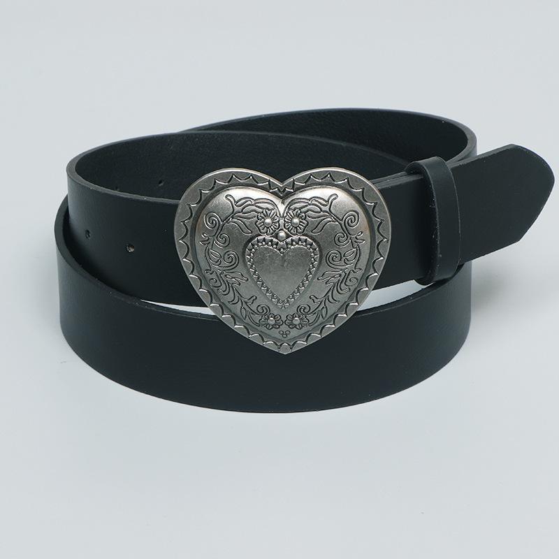 ベルト レディース Y2K レトロ アメリカン 個性派 ヴィンテージ加工 ハート 彫刻 オートロック バックル フェイクレザー 万能 ファッション 通勤 黒 キャメル
