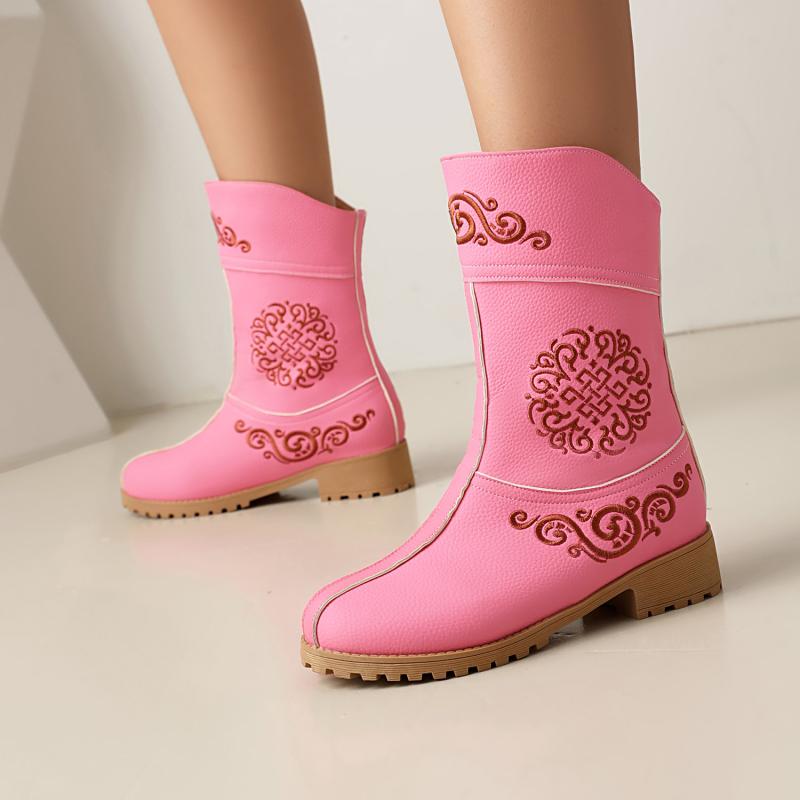 ミドルブーツ レディース 秋冬 刺繍 フラットヒール ローヒール PUレザー 民族風 エスニック ライディングブーツ ブーツ ステッチ カジュアル 4色展開