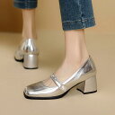 パンプス レディース スクールスタイル ミドルヒール 太ヒール チャンキーヒール エナメル パテントレザー ブラック シルバー 革靴 スクエアトゥ ゴム底 マジ...