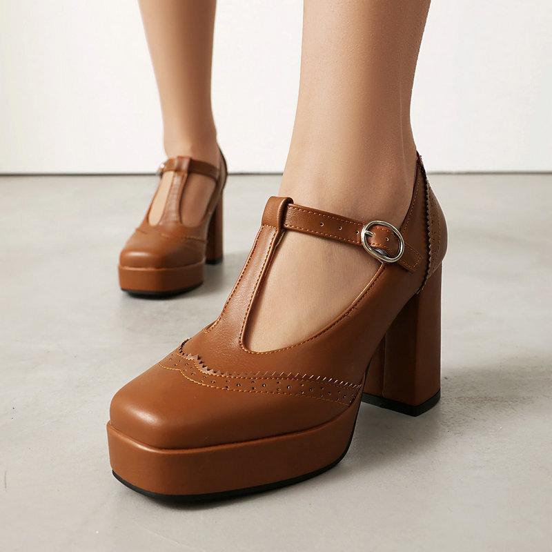 レディース ハイヒール パンプス ブローグ スクエアトゥ 厚底 太ヒール 超高ヒール Tストラップ 英国風 春夏 プレーン パイソン柄 ラバーソール